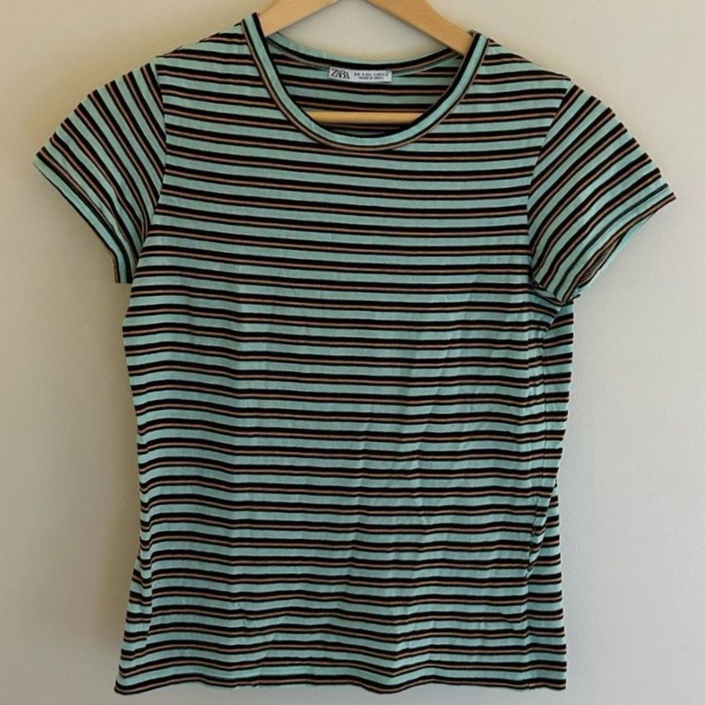 Zara Women's Aqua Blue Black Gold Striped Tee
